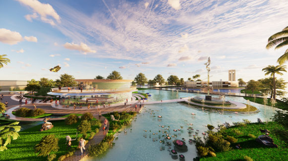Siren Statue Floating Park, paying homage to the folklore of Pangasinan, set in the context of a community park by the waterfront.