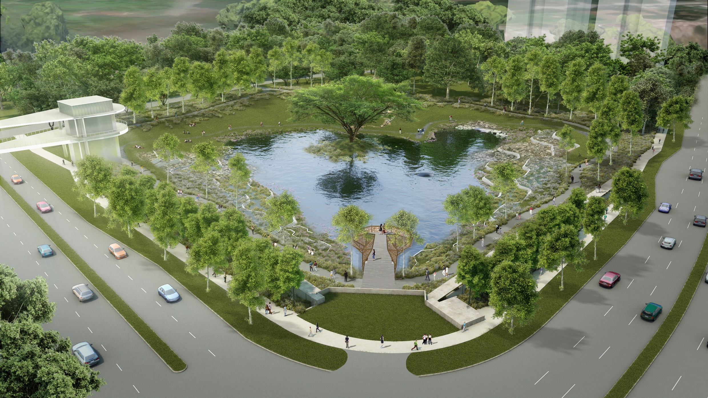 Aerial view of Alkaff Lake, a retention pond that is part of Singapore’s sustainable stormwater management and housed in Park South in Bidadari Park