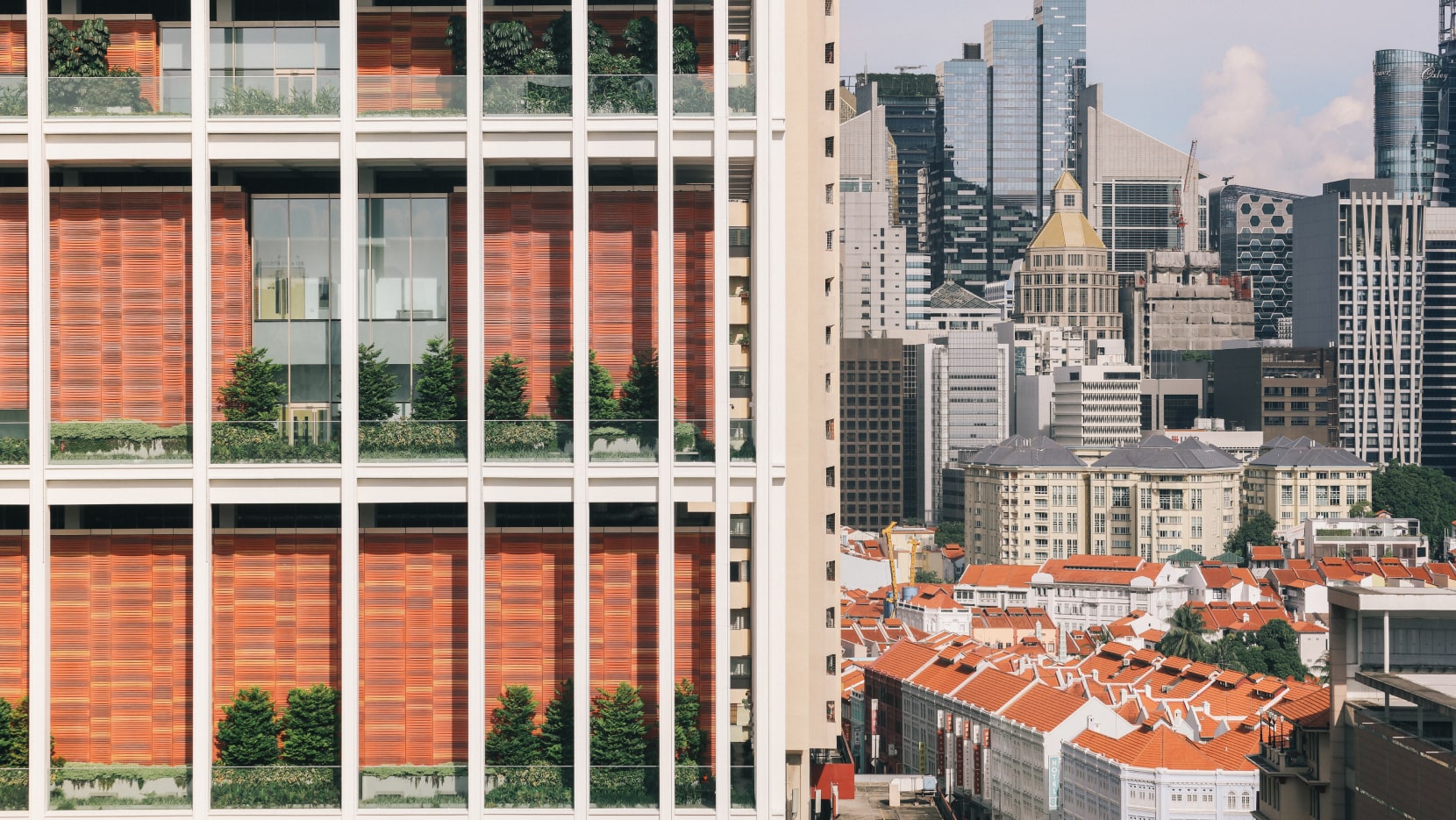 Terracotta roofs of shop houses in Chinatown, adjacent to the State Courts Towers